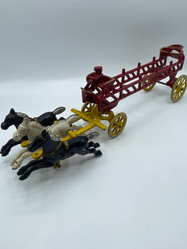 Vintage Kenton Cast Iron Hook & Ladder Horse Drawn Fire Engine Trailer Truck