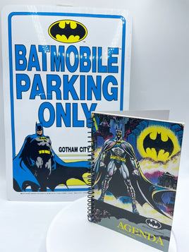 Vintage Batman Returns Batmobile Parking Sign & Notebook DC Comics 1989 & 1991