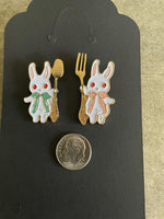 Cute Bunny Rabbit Fork Knife Lapel Pin Brooch Set Easter Spring Men Women Kids