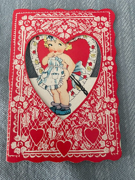 Vintage Mini Valentines Day Card Early 1900's Children Little Girl Cleaning