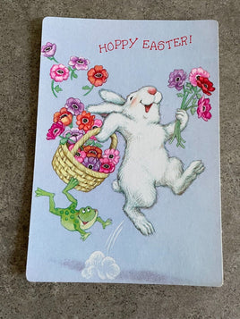 Vintage 1980's Hallmark Postcard Bunny Frog & Flower Basket Happy Easter Card