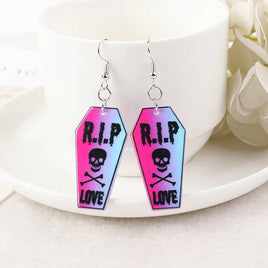 Custom Horror Pink Coffin Earrings with R.I.P. Skull Crossbones