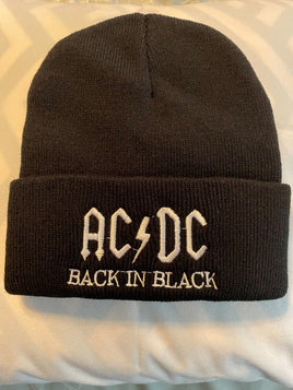 AC/DC Back in Black Knit Ski Hat White Letter Beanie Heavy Metal 80's