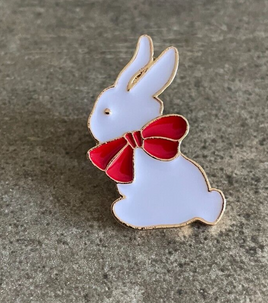 White Rabbit with Red Holiday Bow Lapel Pin Easter Gift