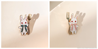 Cute Bunny Rabbit Fork Knife Lapel Pin Brooch Set Easter Spring Men Women Kids