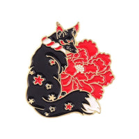 Beautiful Black Fox Wolf Dog Christmas Poinsettia Lapel Pin