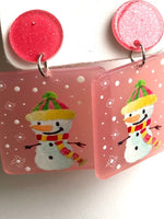 Cute Pink Snowman Dangle Earrings Christmas Stocking Stuffer