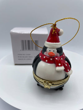 Penguin Porcelain Surprise Gift Hinged Trinket Box Christmas Tree Ornament