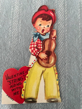 Vintage Cowboy Playing Guitar Valentines Day Early 1900's Die Cut A-Meri-Card?