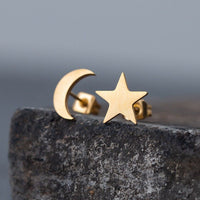 Mini Stainless Steel Gold Colored Moon & Stars  Earrings Astrology Gift Women