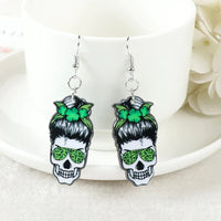 St. Patrick's Day Gothic Green Irish Mom Skull Earrings Goth Skeleton