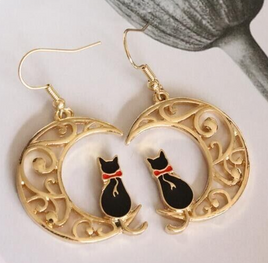 Black Kitty Cat Crescent Moon Dangle Drop Gothic Earrings Fur Mom Gift