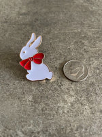 White Rabbit with Red Holiday Bow Lapel Pin Easter Gift