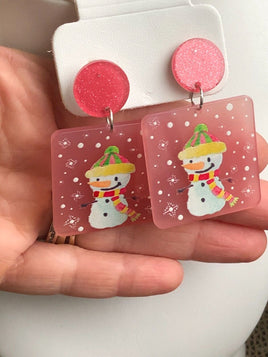 Cute Pink Snowman Dangle Earrings Christmas Stocking Stuffer