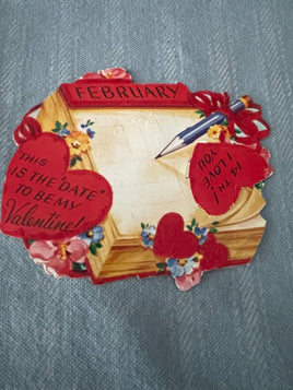 Vintage Calendar Hearts Valentines Day Card Early 1900's Die Cut