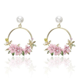 Pink Flower Metal Earrings Women Spring Time Easter Jewelry