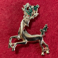 Vintage Red Gold & Green Reindeer Christmas Brooch Pin