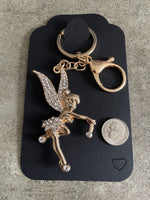 Tinkerbell Gold Rhinestone Keychain - Bag Clip On Disney's Peter Pan Cartoon