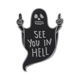 See you in Hell Black Ghost Flipping the Bird Skeleton Lapel Pin Goth Pinbacks