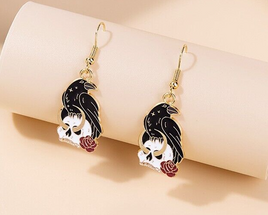 Crow on Skull with Rose Dangle Drop Gothic Earrings Horror Valentines Day