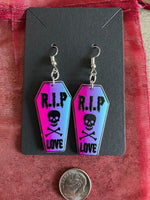 Custom Horror Pink Coffin Earrings with R.I.P. Skull Crossbones