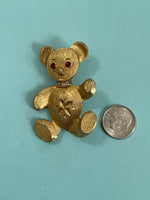 Vintage Mamselle Diamond Cut Teddy Bear Brooch Lapel Pin Red White Rhinestones