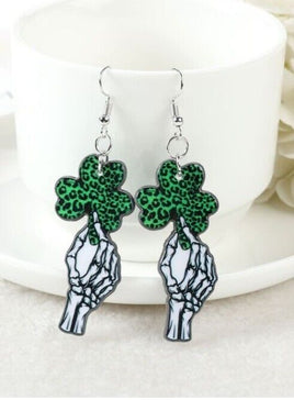 St. Patrick's Day Gothic Green Irish Four Leaf Clover Skeleton Earrings