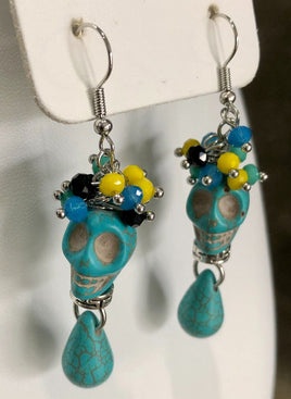 Turquoise Blue Skull with beads Gothic Dangle Earrings