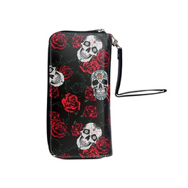 Women's Black Skull Flowers & Roses Gothic Wristlet Wallet Zip Coin Purse