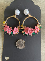 Pink Flower Metal Earrings Women Spring Time Easter Jewelry